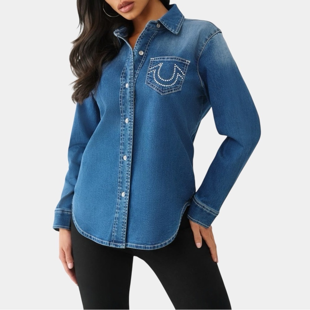 NWT True Religion Slim Fit Crystal Denim Button-Up Shirt Size M Rhinestone Logo